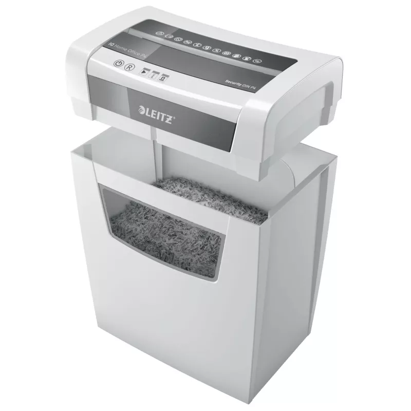 Leitz IQ Home Office P4 Aktenvernichter, Partikelschnitt, 22 cm, 4 x 28 mm, 10 Blatt, 23 l, weiß
