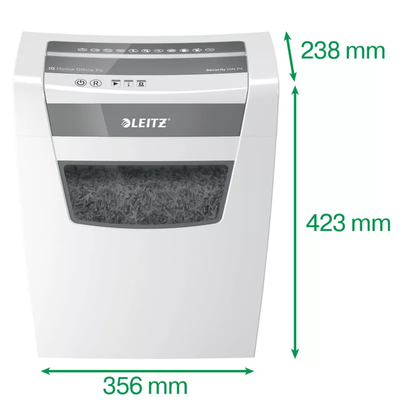 Leitz IQ Home Office P4 Aktenvernichter, Partikelschnitt, 22 cm, 4 x 28 mm, 10 Blatt, 23 l, weiß
