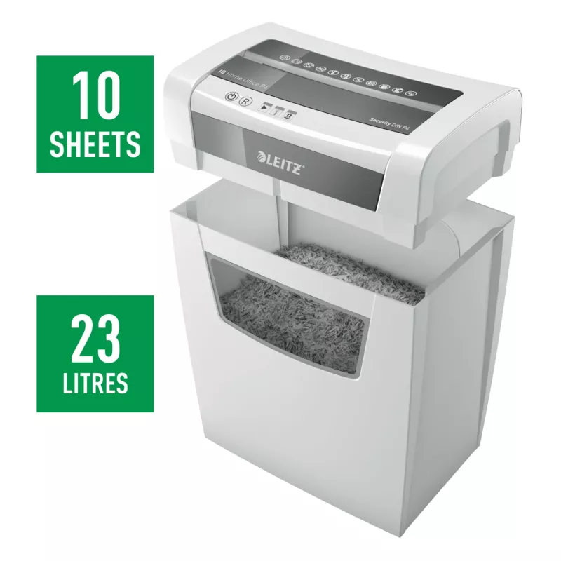 Leitz IQ Home Office P4 Aktenvernichter, Partikelschnitt, 22 cm, 4 x 28 mm, 10 Blatt, 23 l, weiß