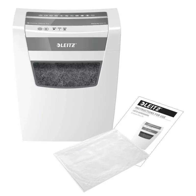 Leitz IQ Home Office P4 Aktenvernichter, Partikelschnitt, 22 cm, 4 x 28 mm, 10 Blatt, 23 l, weiß