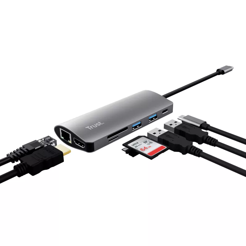 Trust Dalyx 23775 7-in-1-USB-C-Multiport-Adapter, USB-C 3.2, HDMI, RJ-45 Gigabit-Ethernet, SD-/microSD-Kartenleser, silber