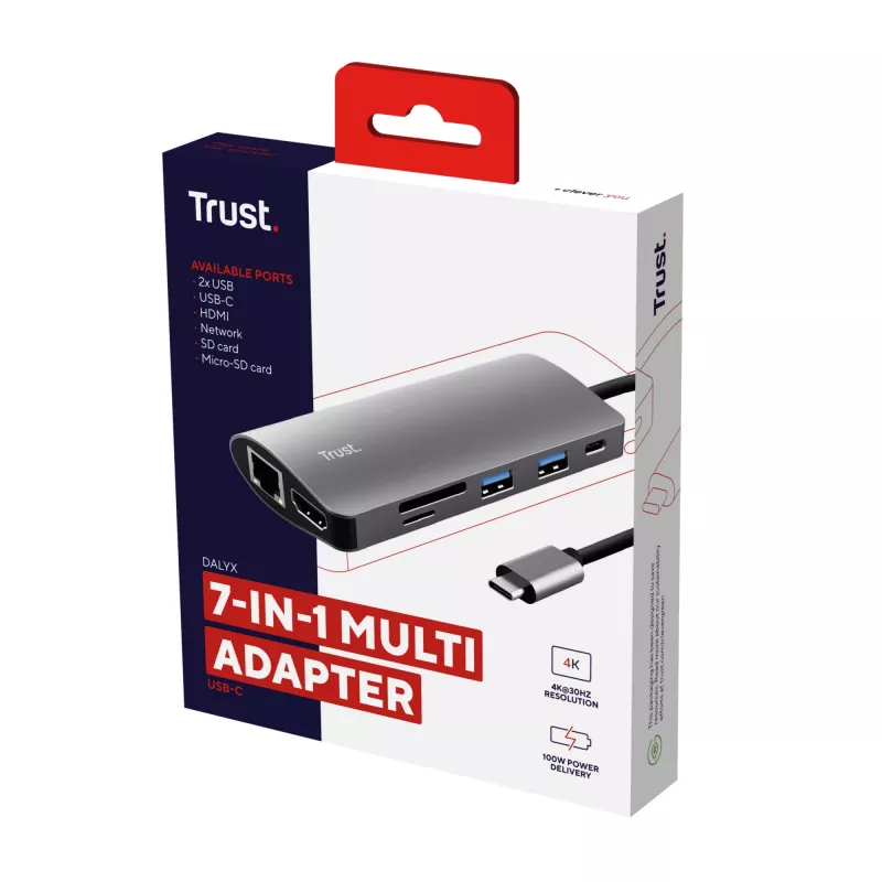 Trust Dalyx 23775 7-in-1-USB-C-Multiport-Adapter, USB-C 3.2, HDMI, RJ-45 Gigabit-Ethernet, SD-/microSD-Kartenleser, silber