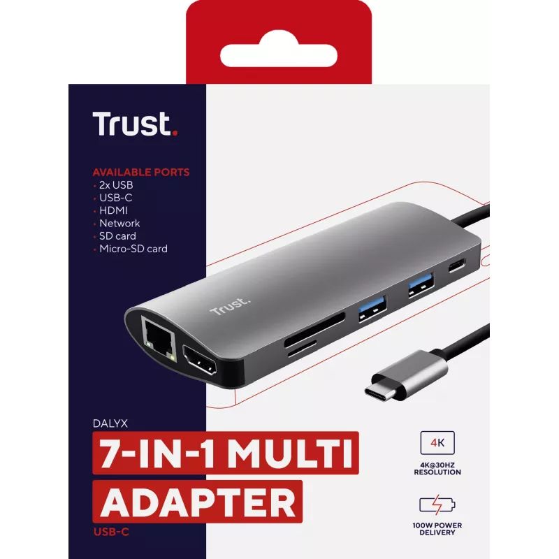Trust Dalyx 23775 7-in-1-USB-C-Multiport-Adapter, USB-C 3.2, HDMI, RJ-45 Gigabit-Ethernet, SD-/microSD-Kartenleser, silber