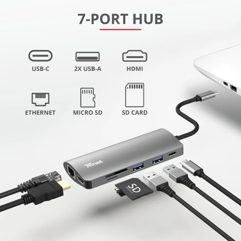 Trust Dalyx 23775 7-in-1-USB-C-Multiport-Adapter, USB-C 3.2, HDMI, RJ-45 Gigabit-Ethernet, SD-/microSD-Kartenleser, silber
