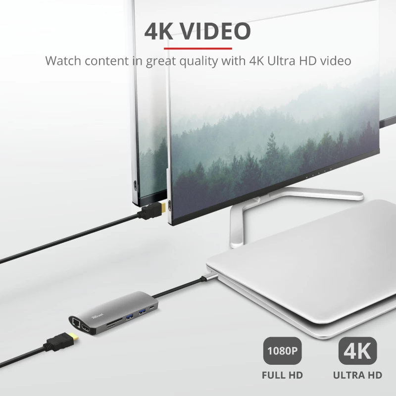 Trust Dalyx 23775 7-in-1-USB-C-Multiport-Adapter, USB-C 3.2, HDMI, RJ-45 Gigabit-Ethernet, SD-/microSD-Kartenleser, silber