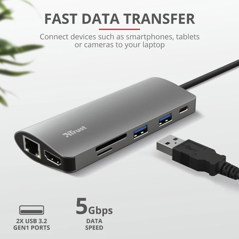 Trust Dalyx 23775 7-in-1-USB-C-Multiport-Adapter, USB-C 3.2, HDMI, RJ-45 Gigabit-Ethernet, SD-/microSD-Kartenleser, silber