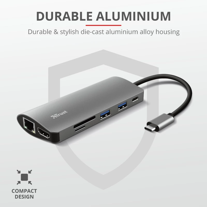 Trust Dalyx 23775 7-in-1-USB-C-Multiport-Adapter, USB-C 3.2, HDMI, RJ-45 Gigabit-Ethernet, SD-/microSD-Kartenleser, silber