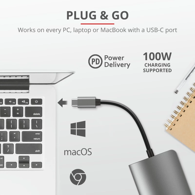Trust Dalyx 23775 7-in-1-USB-C-Multiport-Adapter, USB-C 3.2, HDMI, RJ-45 Gigabit-Ethernet, SD-/microSD-Kartenleser, silber