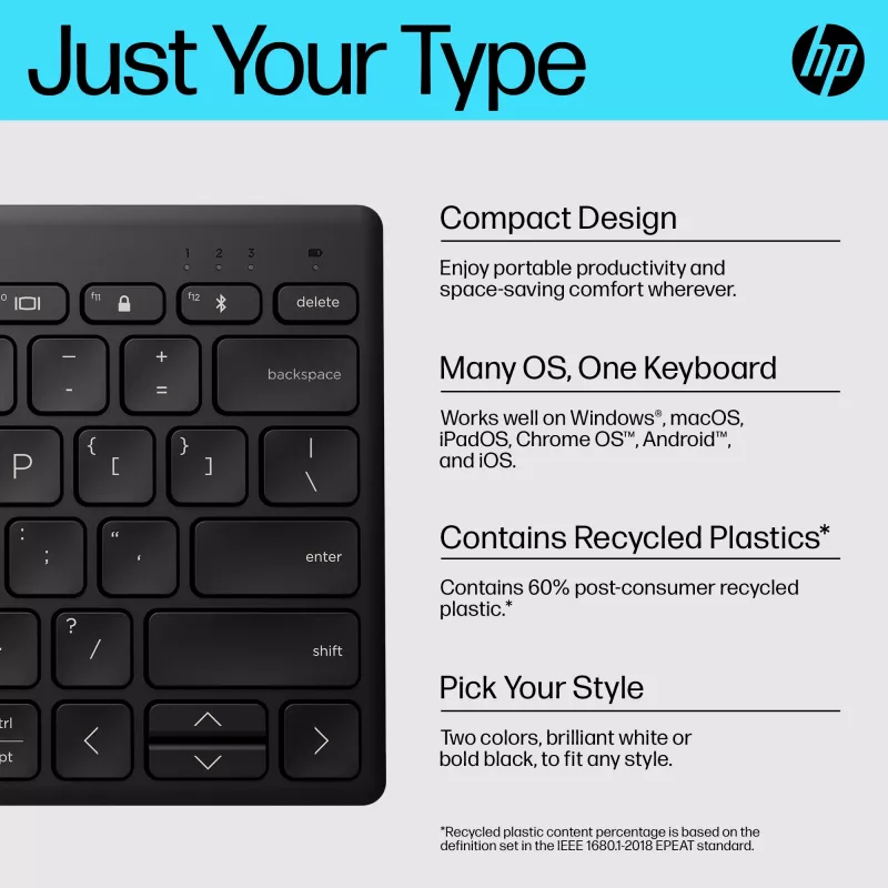 HP 350 Kompakte Multi-Device Bluetooth-Tastatur, kabellos, Bluetooth, mechanisch, QWERTY, Schwarz