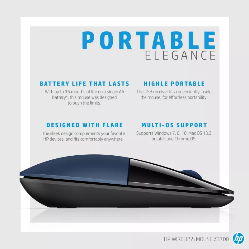 HP Wireless Maus Z3700, beidhändig, Blue LED, RF Wireless, 1200 DPI, Schwarz, Blau