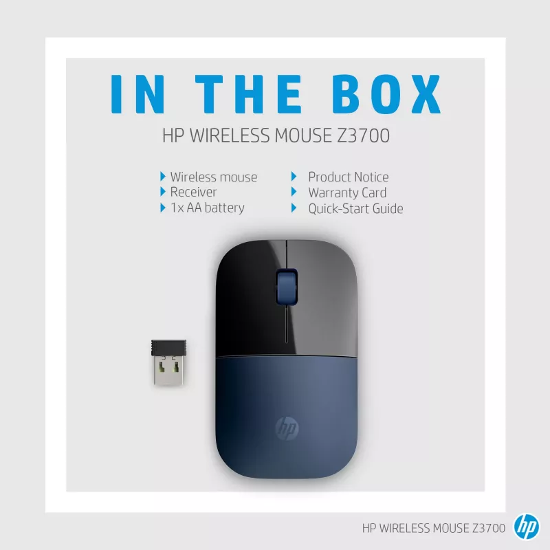 HP Wireless Maus Z3700, beidhändig, Blue LED, RF Wireless, 1200 DPI, Schwarz, Blau