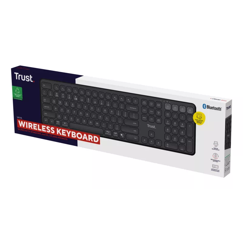 Trust Vaiya 25511 kabellose Multi-Device-Tastatur, USB-RF + Bluetooth, US-Layout, Ziffernblock, integrierter Akku, Schwarz