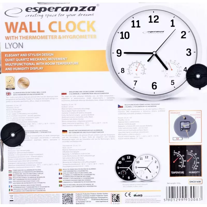 Esperanza Lyon EHC016K Quarz-Wanduhr, rund, schwarz
