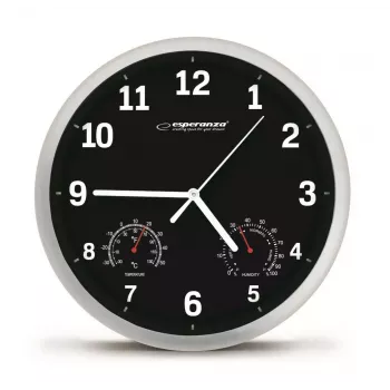 Wanduhr ESPERANZA EHC016K Lyon Schwarz, 25 cm Durchmesser, leises Uhrwerk, Glasabdeckung, Kunststoffrahmen