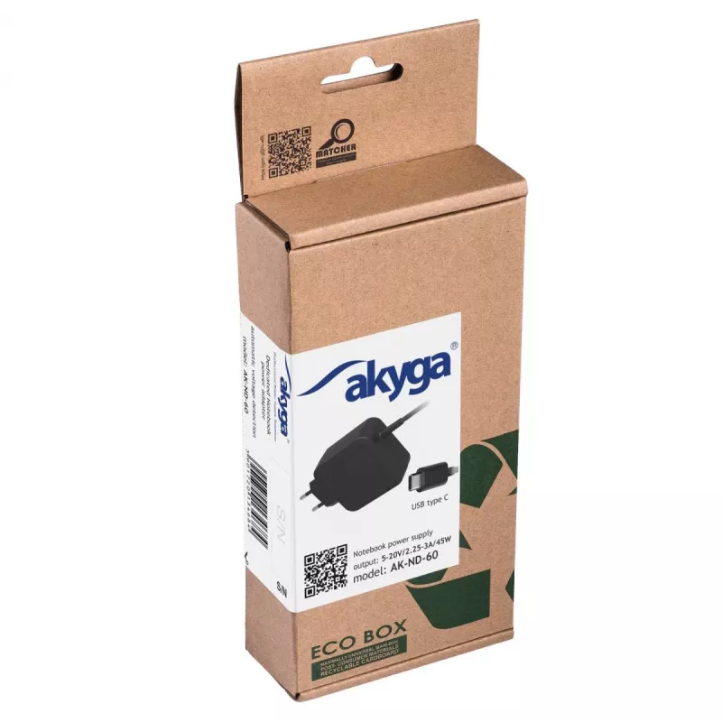 Akyga AK-ND-60 USB-C-Notebook-Netzteil 45 W, Power Delivery, 5–20 V, 1,2 m