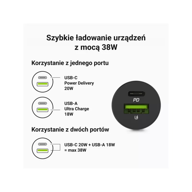Auto-Ladegerät Green Cell CADM-GC-38AC 38W, 1x USB-C (PD 3.0) + 1x USB-A, Aluminiumgehäuse, schwarz