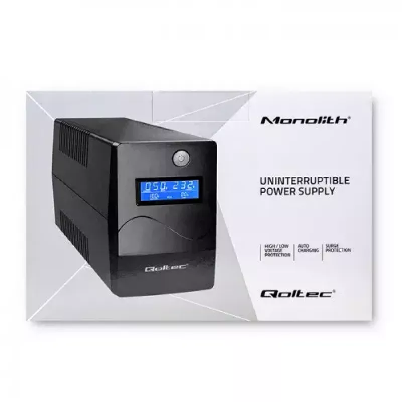 Qoltec Monolith 53979 USV, Line-Interactive, 850 VA / 480 W, 2 Schuko-Steckdosen, LCD, USB, RJ45