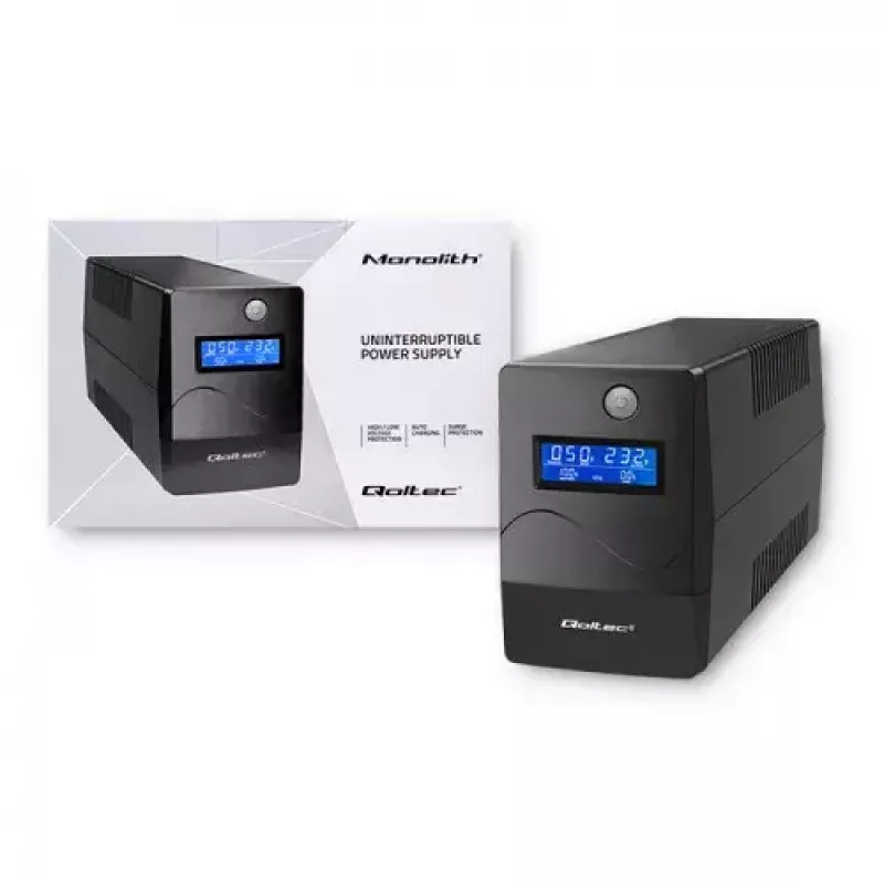 Qoltec Monolith 53979 USV, Line-Interactive, 850 VA / 480 W, 2 Schuko-Steckdosen, LCD, USB, RJ45