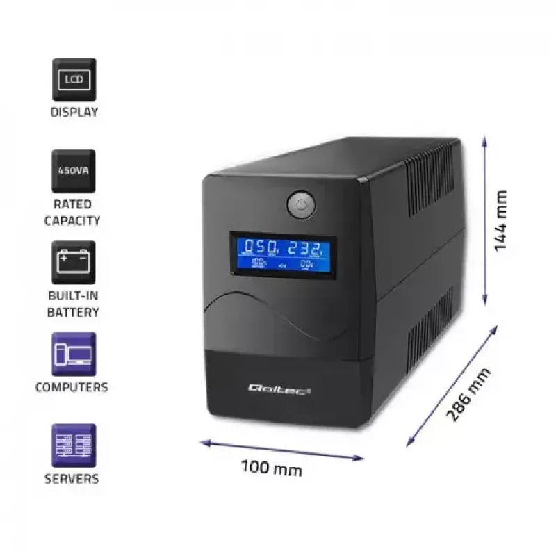 Qoltec Monolith 53979 USV, Line-Interactive, 850 VA / 480 W, 2 Schuko-Steckdosen, LCD, USB, RJ45