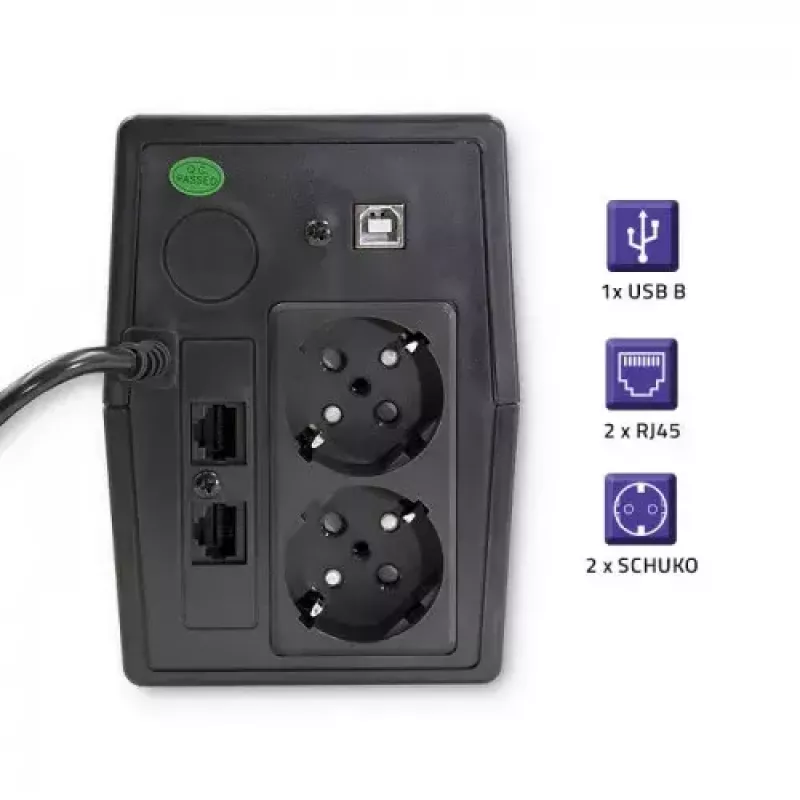Qoltec Monolith 53979 USV, Line-Interactive, 850 VA / 480 W, 2 Schuko-Steckdosen, LCD, USB, RJ45