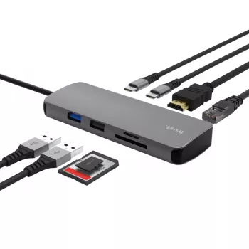 USB Typ-C Hub TRUST 25672 — HDMI, RJ-45, USB 3.2 Gen 1 Typ-A/Typ-C, SD/MicroSD, grau