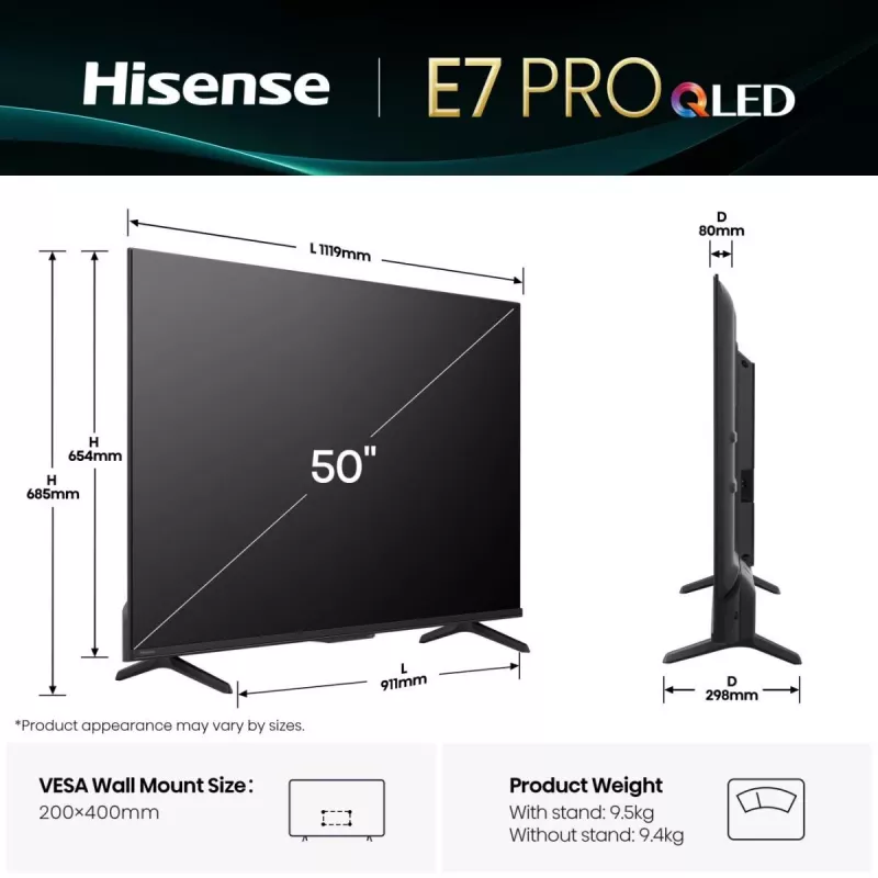 Hisense E7Q PRO 50E7Q PRO 127 cm (50 Zoll) 4K Ultra HD Smart TV Wi-Fi Schwarz