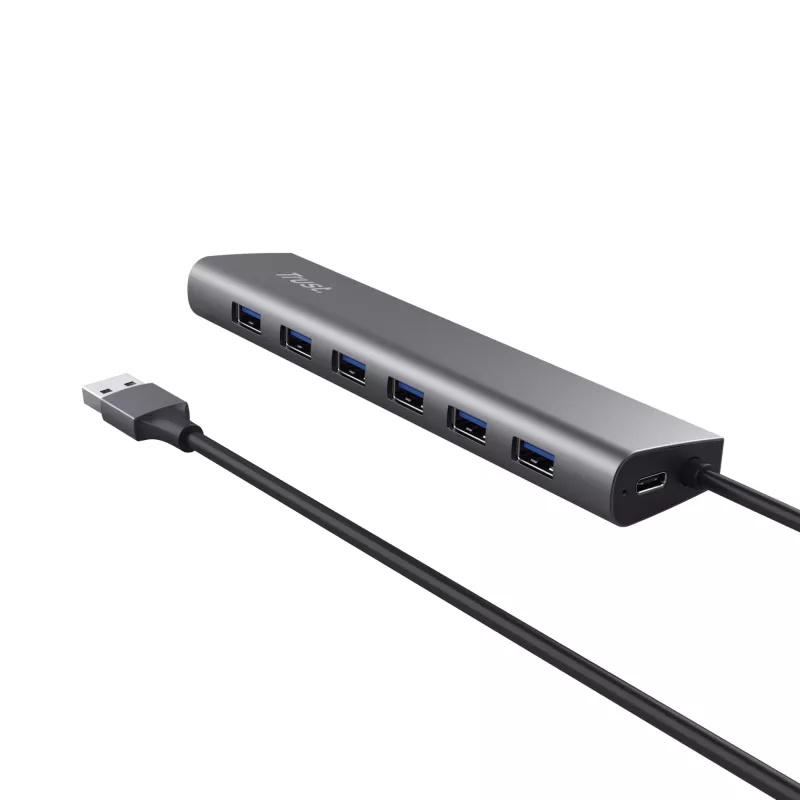 Trust Halyx 24967 USB-Hub mit 7 Ports, USB 3.2 Gen 1, Type-A, 5000 Mbit/s, silber