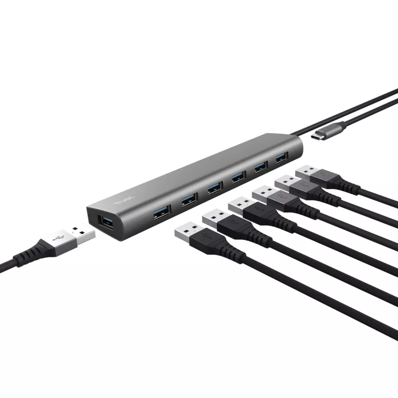Trust Halyx 24967 USB-Hub mit 7 Ports, USB 3.2 Gen 1, Type-A, 5000 Mbit/s, silber