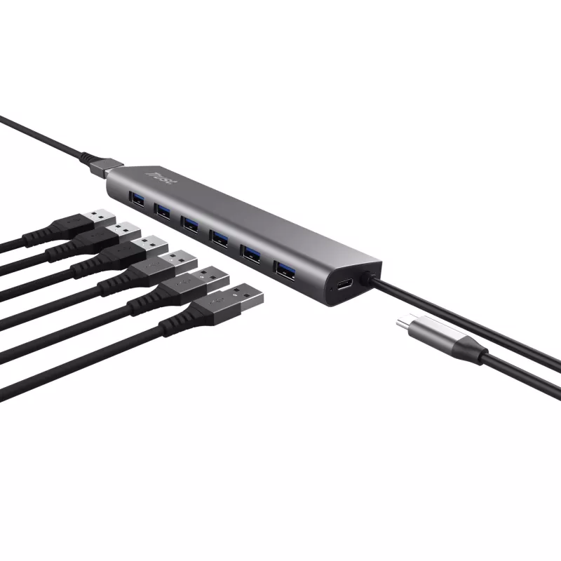Trust Halyx 24967 USB-Hub mit 7 Ports, USB 3.2 Gen 1, Type-A, 5000 Mbit/s, silber