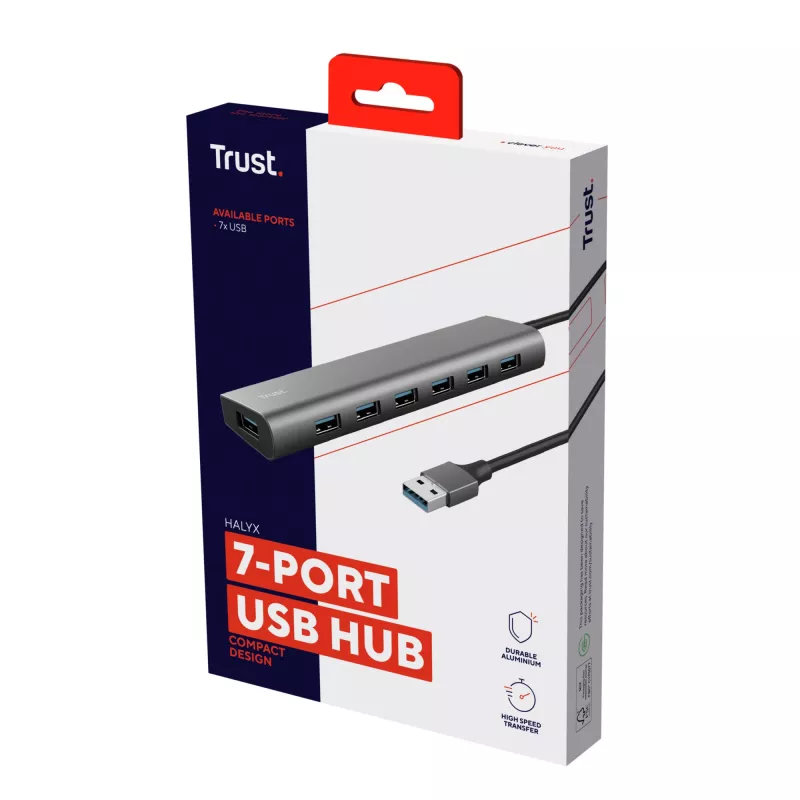 Trust Halyx 24967 USB-Hub mit 7 Ports, USB 3.2 Gen 1, Type-A, 5000 Mbit/s, silber