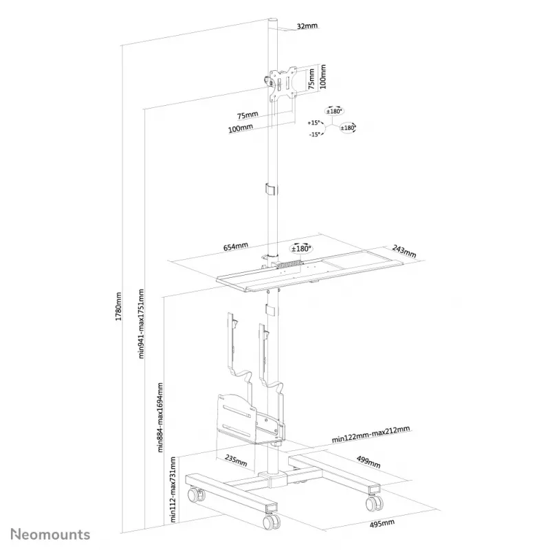 Neomounts FPMA-MOBILE1700 mobiler Arbeitsplatz, 10-32 Zoll (25,4-81,3 cm), max. 8 kg, VESA 75x75-100x100, Höhe 94-175 cm, Stahl, schwarz