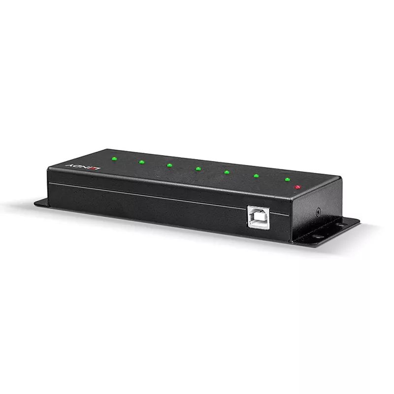 Lindy 42794 7-Port-USB-2.0-Industrie-Metallhub, 480 Mbit/s, Befestigungslaschen, externes Netzteil, schwarz