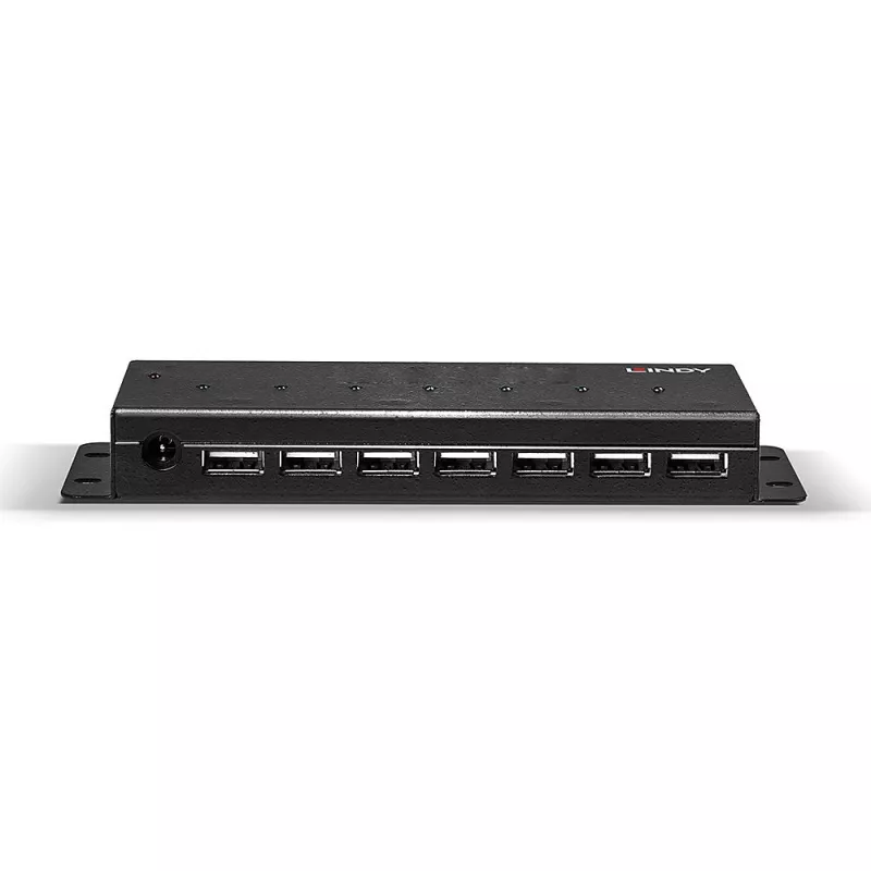 Lindy 42794 7-Port-USB-2.0-Industrie-Metallhub, 480 Mbit/s, Befestigungslaschen, externes Netzteil, schwarz