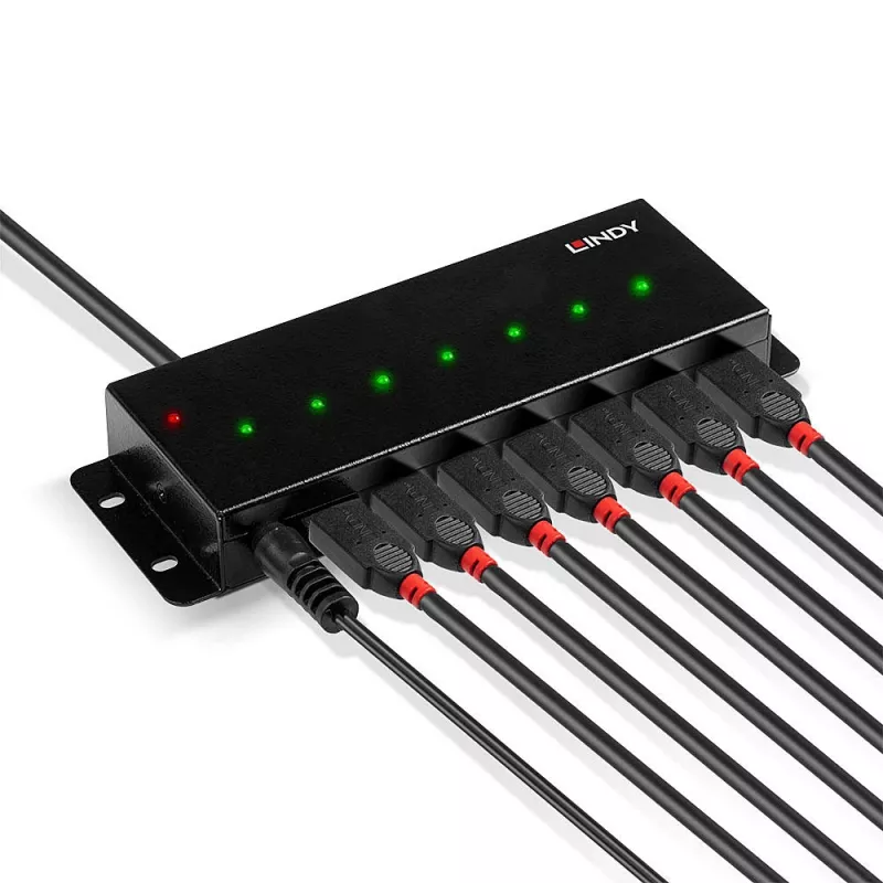 Lindy 42794 7-Port-USB-2.0-Industrie-Metallhub, 480 Mbit/s, Befestigungslaschen, externes Netzteil, schwarz