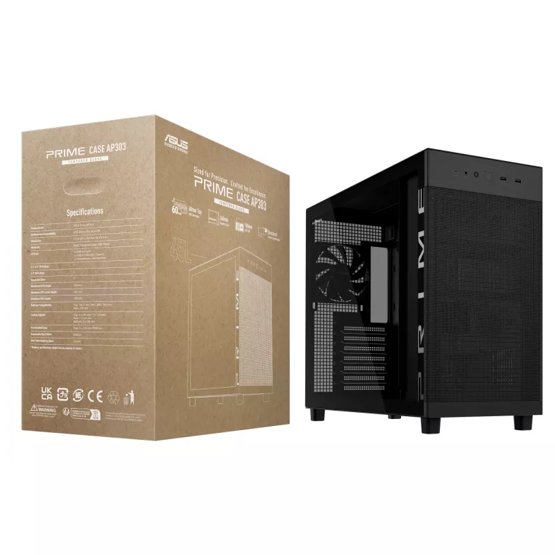 ASUS PRIME AP303 TG 90DC00V0-B39010 Midi-Tower PC-Gehäuse, ATX/Micro-ATX/Mini-ITX, Tempered Glass, 2x USB 3.2, ohne Netzteil, schwarz