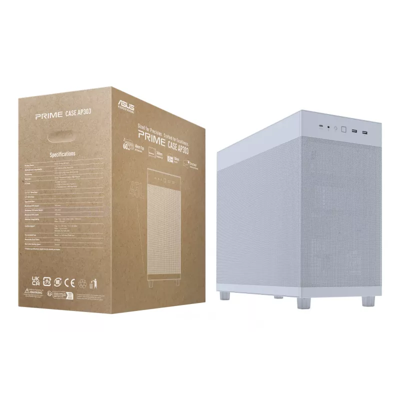 ASUS PRIME AP303 Mesh 90DC00V3-B39000 Midi-Tower PC-Gehäuse, ATX/Micro-ATX, Mesh-Panel, 2x USB 3.2, ohne Netzteil, weiß