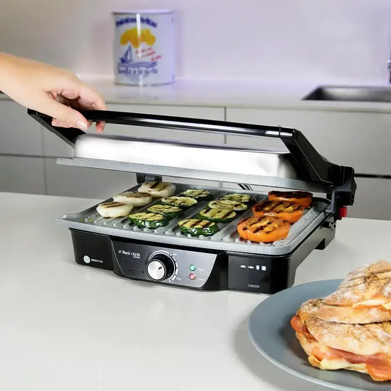 Kontaktgrill CECOTEC Rock'nGrill 2000 — 2000 W, rechteckig, schwarz/Edelstahl, einstellbarer Thermostat, 340×330×130 mm