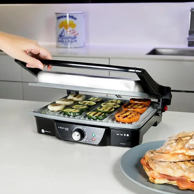 Kontaktgrill CECOTEC Rock'nGrill 2000 — 2000 W, rechteckig, schwarz/Edelstahl, einstellbarer Thermostat, 340×330×130 mm