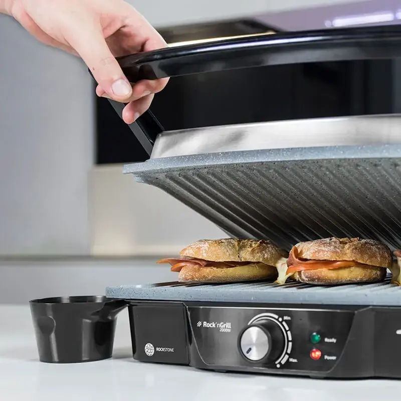 Kontaktgrill CECOTEC Rock'nGrill 2000 — 2000 W, rechteckig, schwarz/Edelstahl, einstellbarer Thermostat, 340×330×130 mm