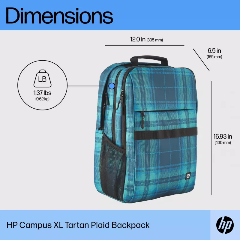 HP Campus XL Tartan Plaid Backpack, Rucksack, 620 g