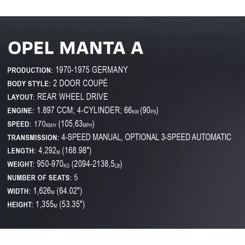 Konstruktionsspielzeug Cobi Opel Manta A 1970 Modell im Maßstab 1:12, Bausteinset