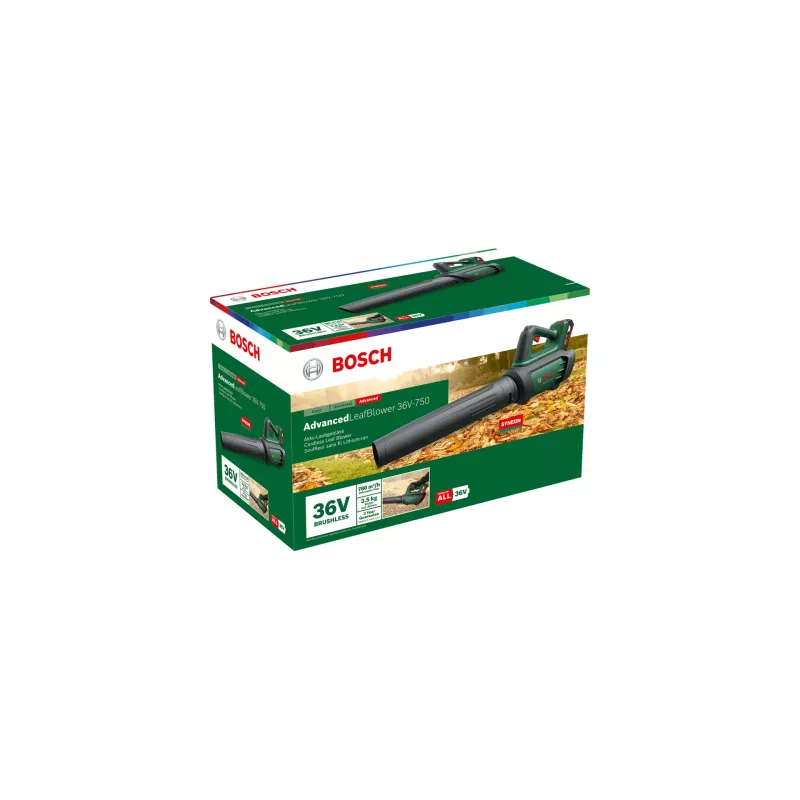 Bosch AdvancedLeafBlower 36V-750 Akku-Laubbläser, 36 V, 1x 2,0 Ah, Ladegerät, 750 m³/h, 100-200 km/h, bürstenlos, 3,5 kg, grün/schwarz