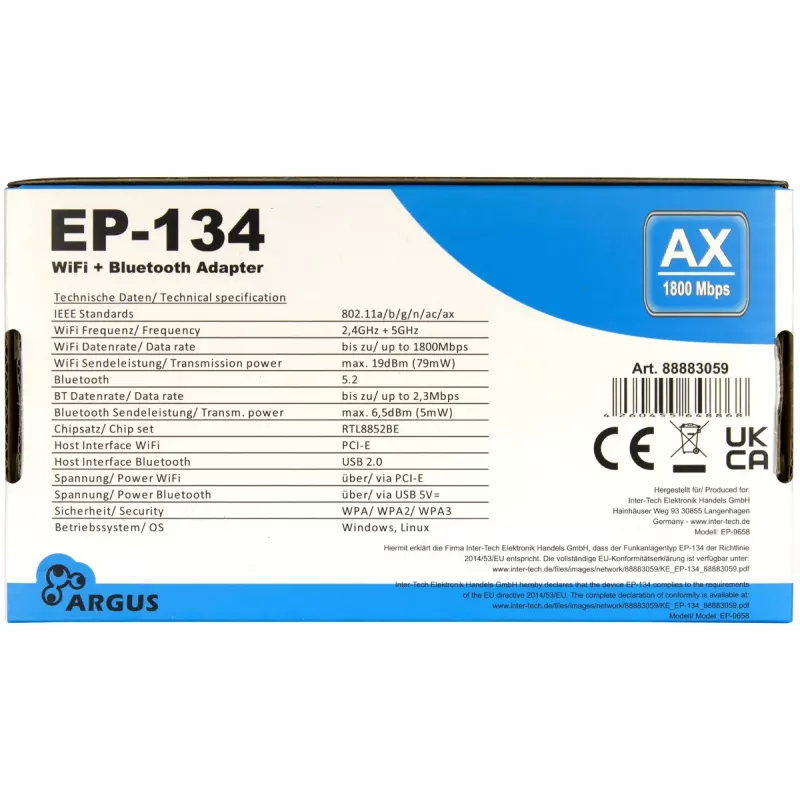 Inter-Tech Argus EP-134 interner WLAN-Bluetooth-Adapter, 1800 Mbit/s