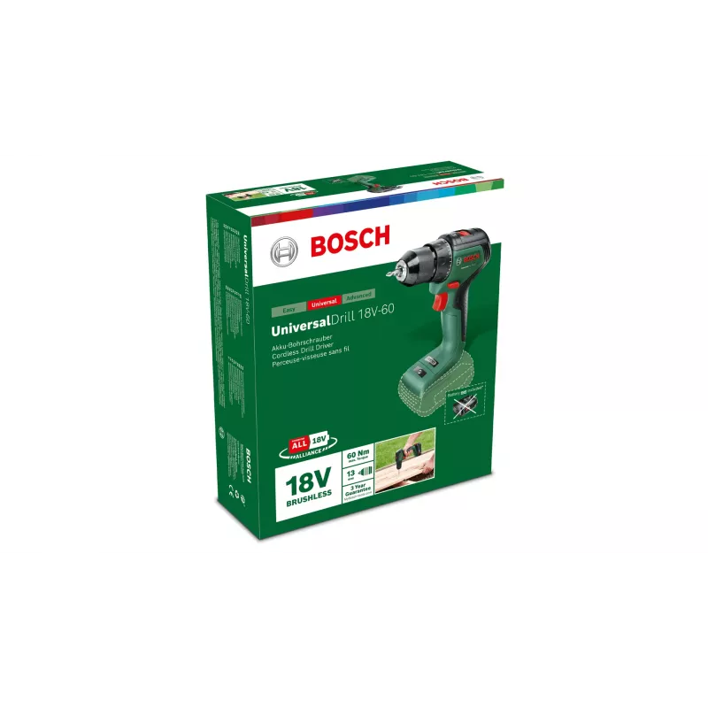 Bosch UniversalDrill 18V-60 Akku-Bohrschrauber, 18 V, 60 Nm, 1900 U/min, 2-Gang, ohne Akku, grün/schwarz