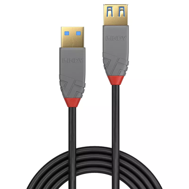 Lindy 36762 Anthra Line USB 3.2 Gen 1 Typ A Verlängerungskabel, USB-A-Stecker auf USB-A-Buchse, 5 Gbit/s, 2 m, schwarz/grau