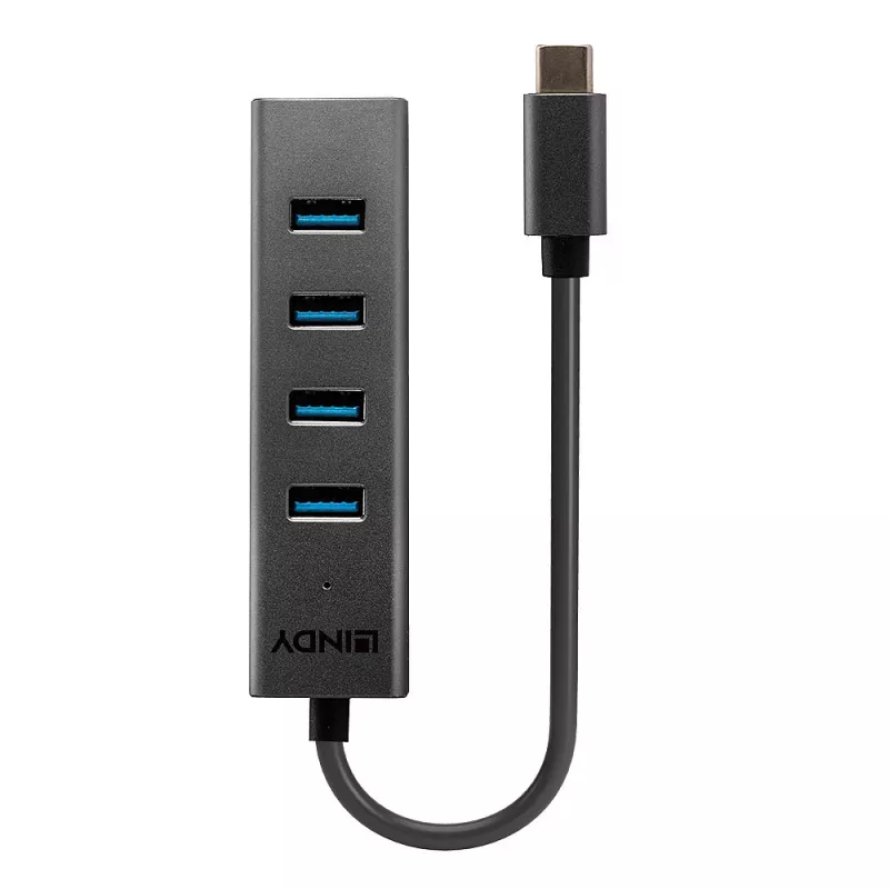 Lindy 43325 4-Port USB 3.2 Gen 1 Typ-C Hub, 4x USB-A, 5 Gbit/s, grau, Aluminium/Kunststoff