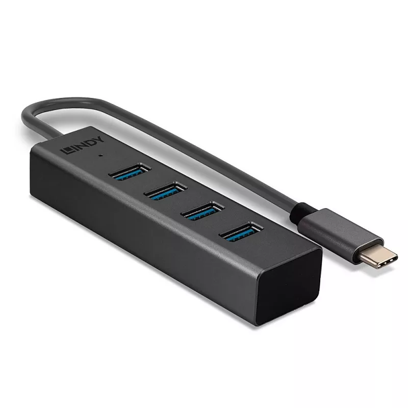 Lindy 43325 4-Port USB 3.2 Gen 1 Typ-C Hub, 4x USB-A, 5 Gbit/s, grau, Aluminium/Kunststoff