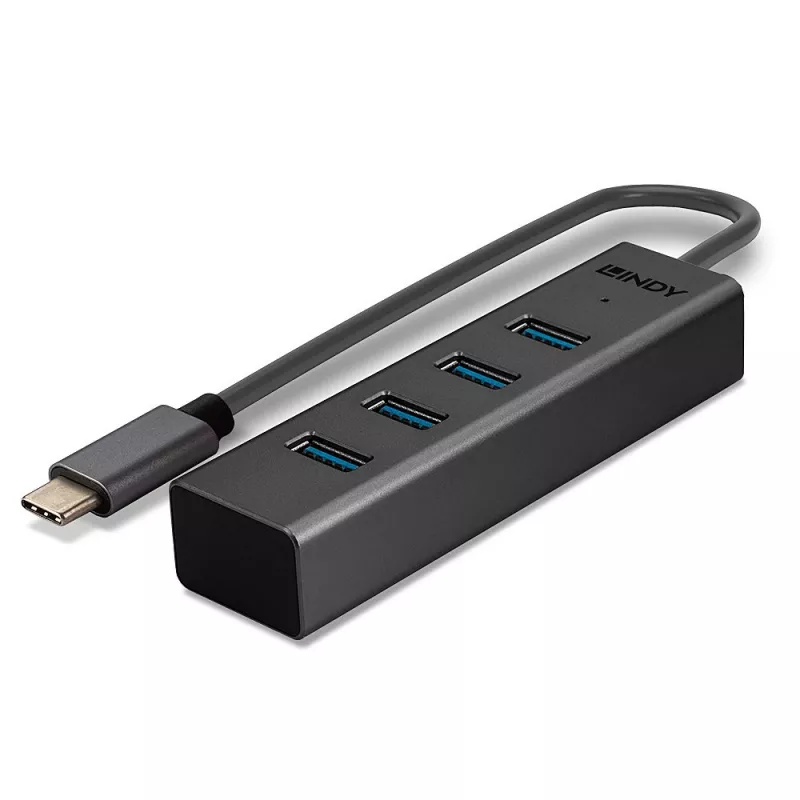 Lindy 43325 4-Port USB 3.2 Gen 1 Typ-C Hub, 4x USB-A, 5 Gbit/s, grau, Aluminium/Kunststoff