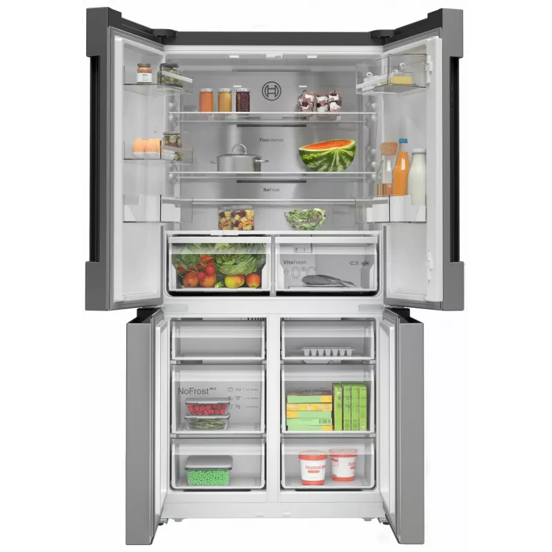 Bosch Serie 4 KFN96APEA Side-by-Side Kühl-Gefrierkombination, French Door, freistehend, 605 l (405 l + 200 l), Home Connect, Energieeffizienzklasse E, Edelstahl