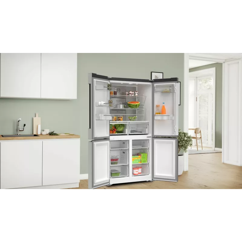 Bosch Serie 4 KFN96APEA Side-by-Side Kühl-Gefrierkombination, French Door, freistehend, 605 l (405 l + 200 l), Home Connect, Energieeffizienzklasse E, Edelstahl